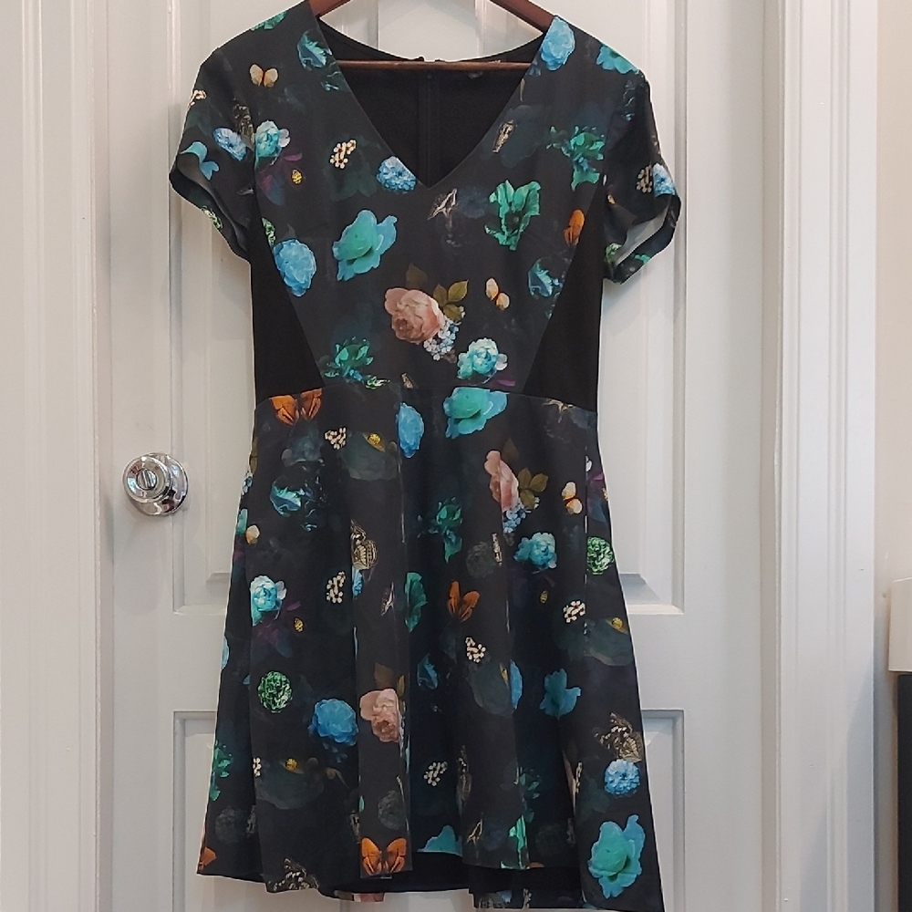Club Monaco Floral Mini Dress in Black and Teal